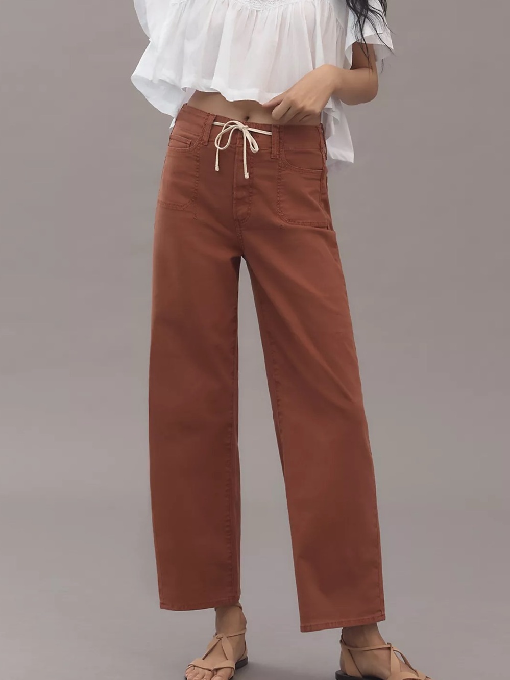 PAIGE Ari High Rise Wide Leg Tie Waist Drawstring Jeans Rust Stretch Fall